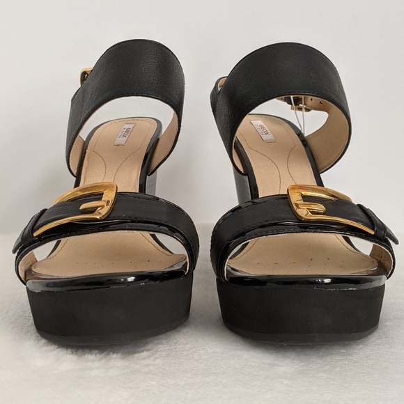 Geox Respira Sandal Leather Patent Buckle Open Toe Black Wedge 9.5 EU39.5 NWT - Picture 10 of 15